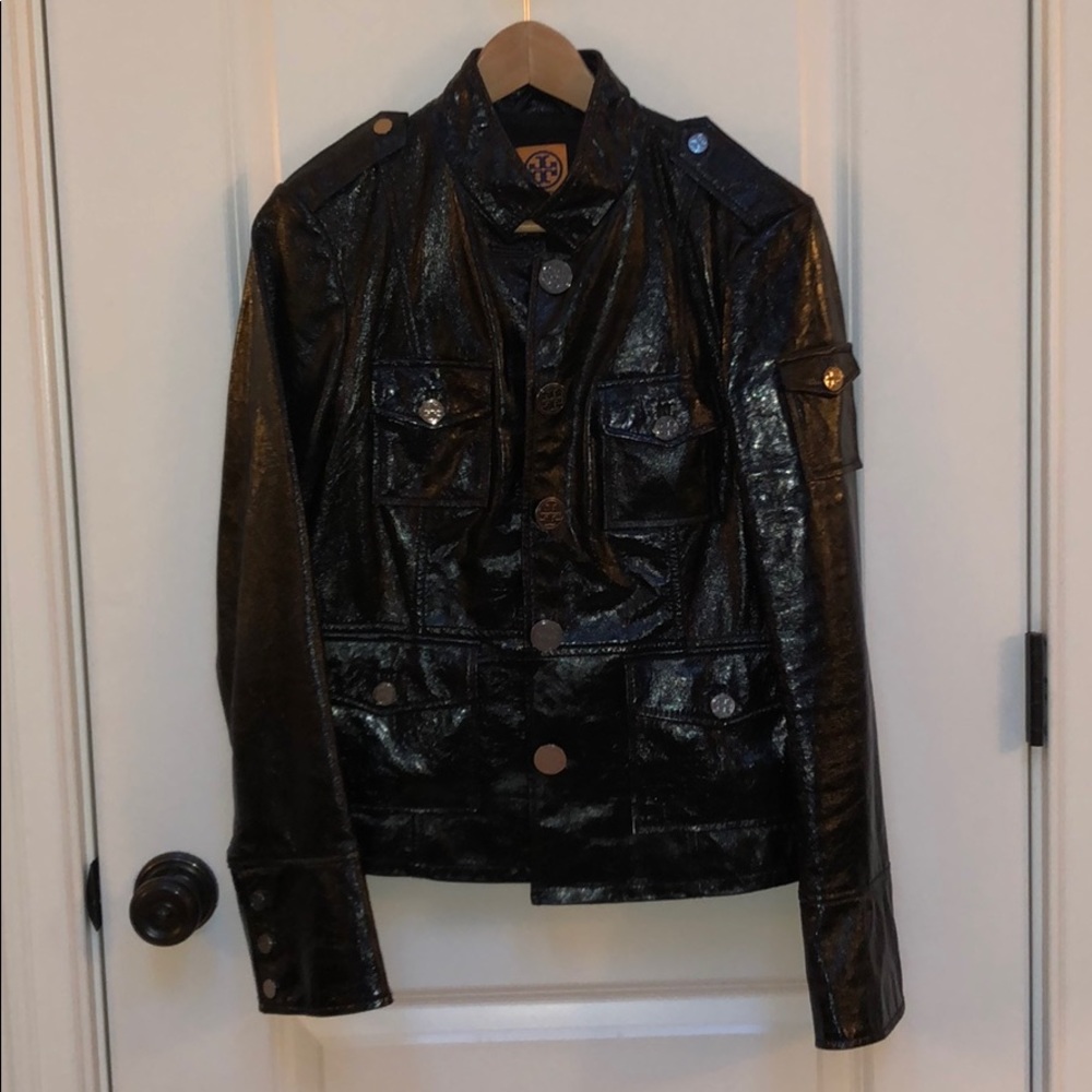 Tory Burch distressed patent black leather jacket